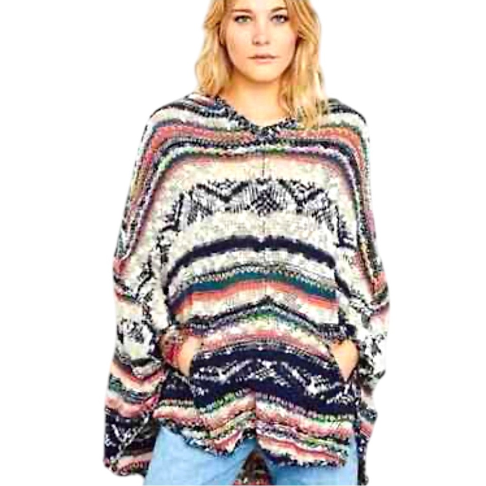 Free People Bubble Tea Boho Southwestern Hooded Poncho Sweater size M/L